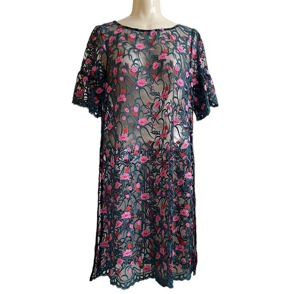 Anthro Moulinette Soeurs Floral Embroidered Lace Mesh Net Sheath Tunic Top - Picture 2 of 16